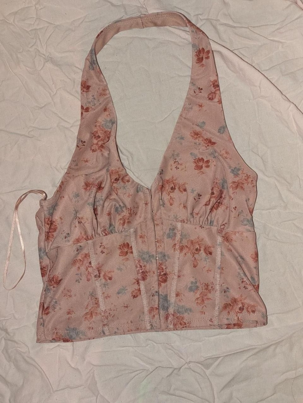 Pink Floral Halter Crop Top with Tie-Back